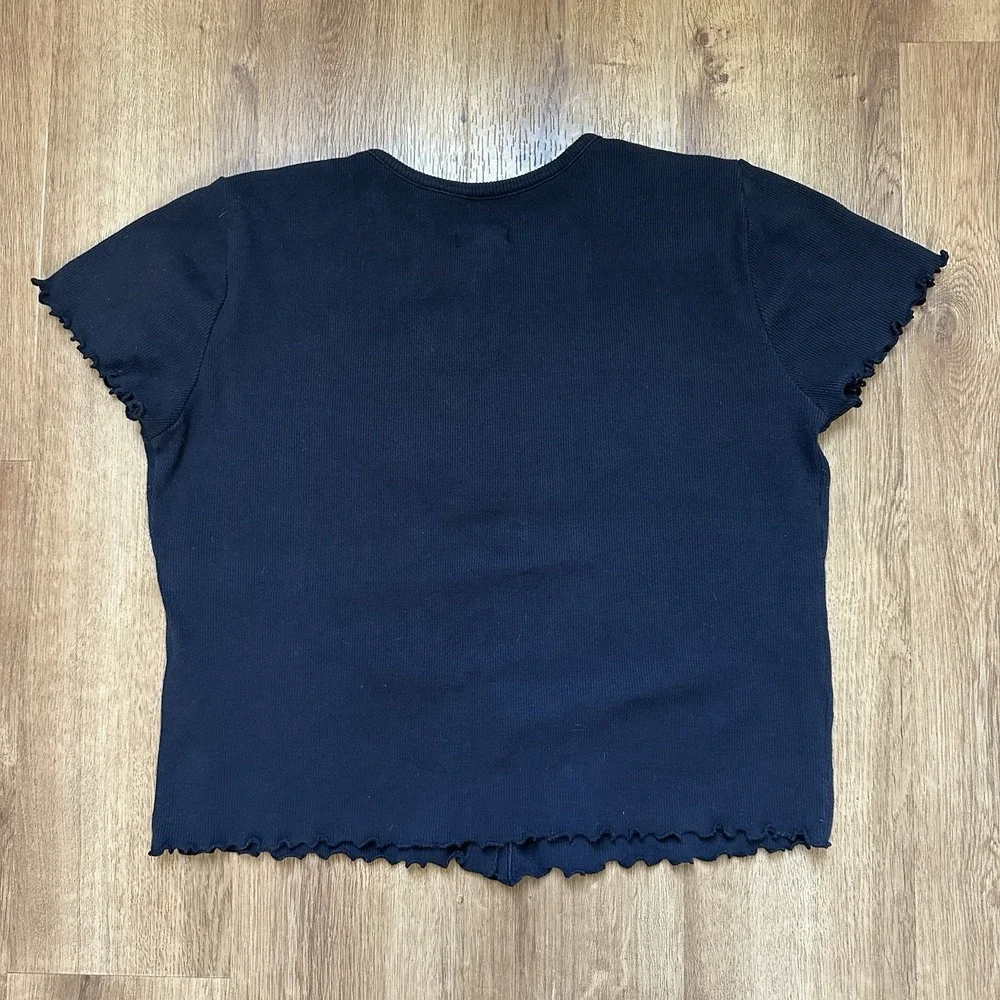 Anthropologie Pilcro Black Ribbed Button Up Short Sleeve Lettuce Hem Shirt, M - Picture 6 of 10